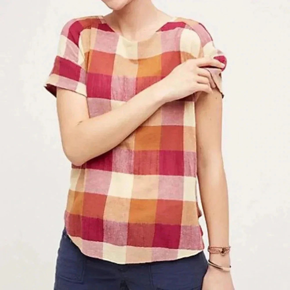 ANTHROPOLOGIE Posy Plaid Top Swing Pink Cream XS - Picture 4 of 10